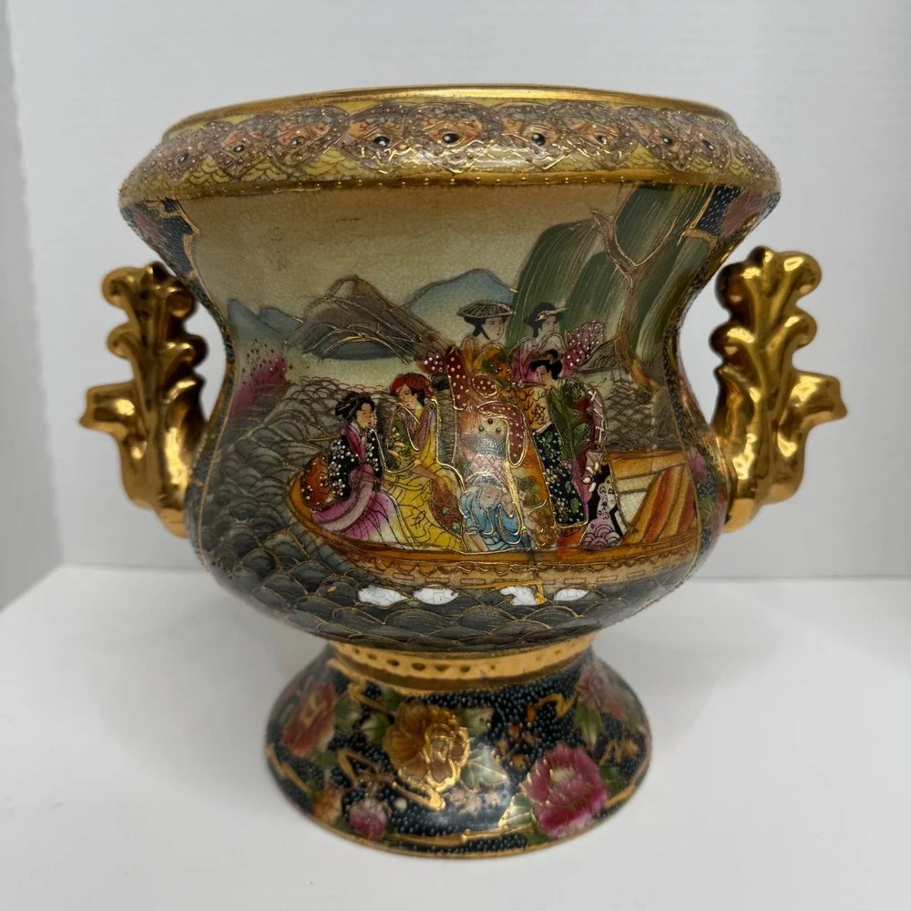 Vintage Japanese Satsuma Moriage Urn Vase Geisha Boat Scene Gold Gilt 7in